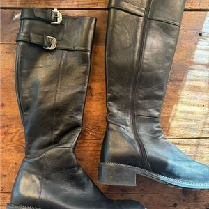 Aquatalia Black Leather Knee-High Boots with Zip and Accent Buckles